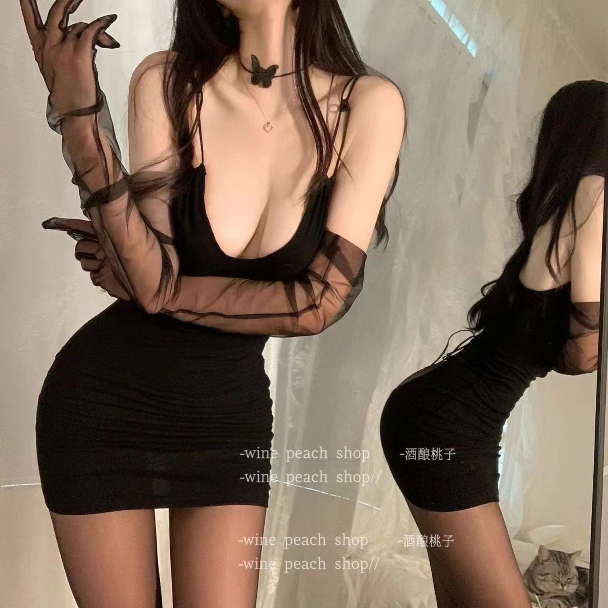 블랙 + 블랙 싱글 스타킹 + 블랙 소매