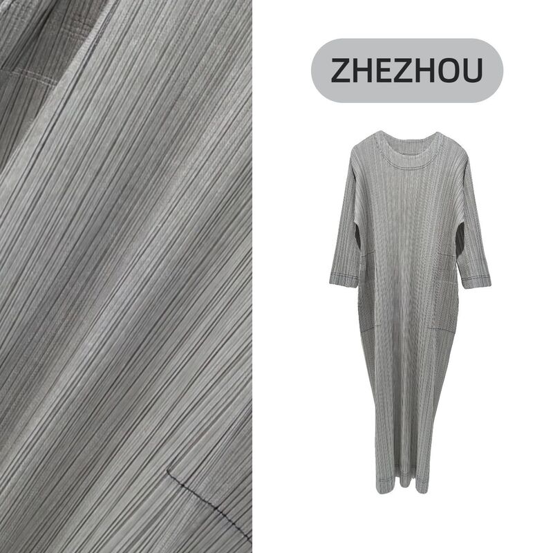 Miyake-Style Pleated Faux Denim Straight Dress, Versatile for Commuting, Loose Fit, Slimming, High-End Design Long Dress