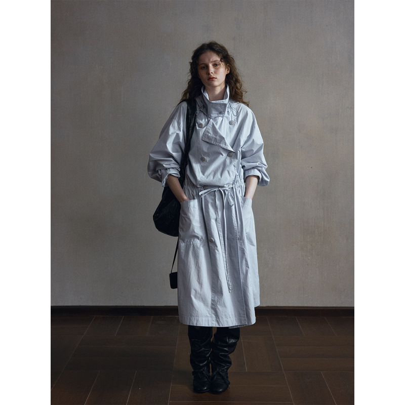 【识几】100% Cotton Lightweight Long Hooded Women's Windbreaker Washed Loose Drawstring Waist Coat M60121