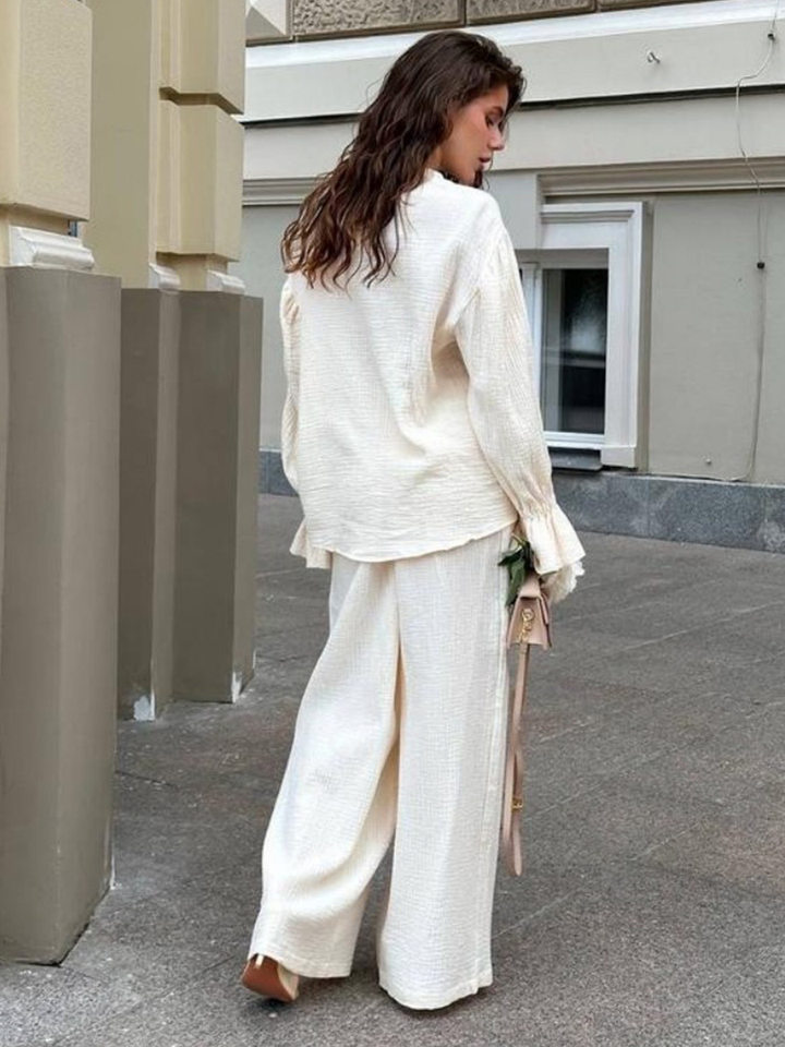 Bộ cardigan dài tay + quần ống rộng tay đèn lồng chất liệu cotton — màu hồng, màu đen, quả mơ chi tiết 17