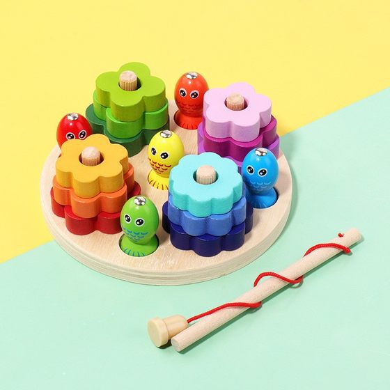 Wooden three-in-one multi-functional fishing set post children's Montessori shape recognition pairing hand-eye coordination educational toys