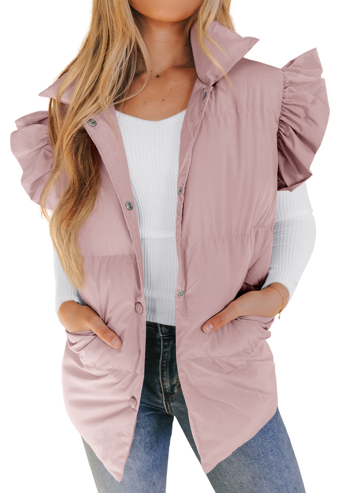 Grenzüberschreitende europäische und amerikanische Herbst- und Winterneuheiten mit lockerer Tasche und Baumwollpolsterung, fliegende Ärmel, elegante Weste, Stehkragen, Mode, Einreiher_voghion.com