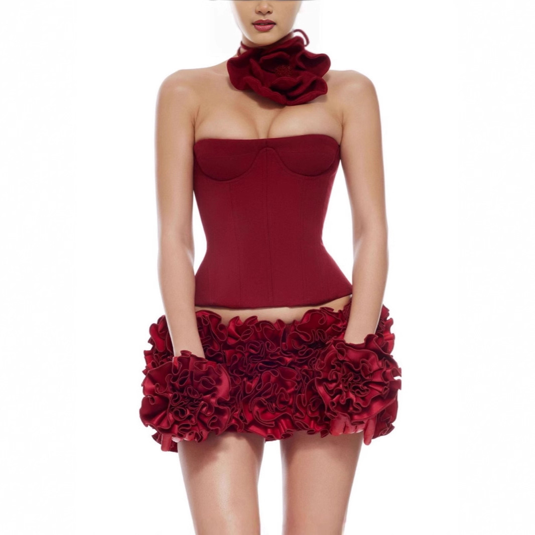 European and American Cross-Border Stereo Flower Sexy Strapless Tube Top Two-Piece Tight Bud Skirt Ultra-Short Skirt Evening Dress