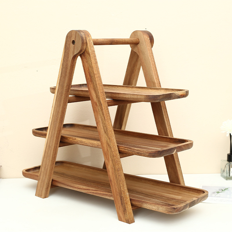 Bandeja de madera estante de picnic madera de acacia tres capas estante de almacenamiento olla caliente restaurante escritorio ingredientes vegetales estante de almacenamiento plegable