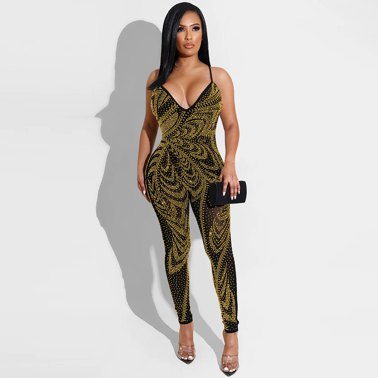 X5280 transfronteriza verano nuevo europeo y americano de las mujeres sexy nightclub malla transparente leche seda suspender pantalones mono image 4