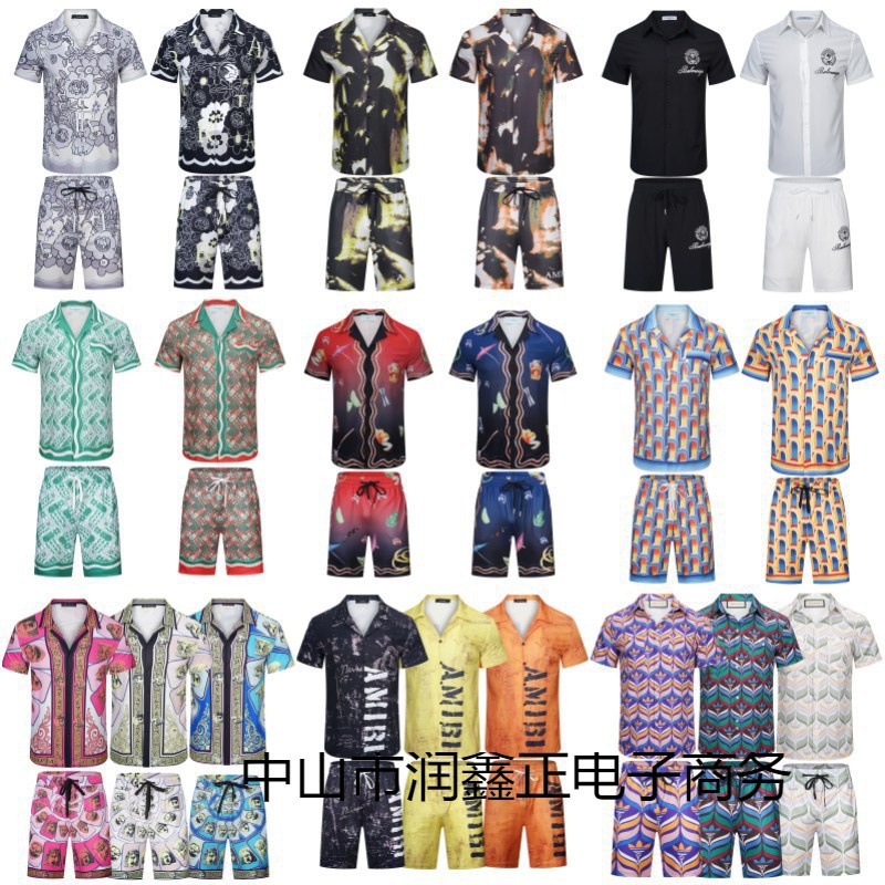 男士短袖卡萨布兰卡夏季薄款衬衫套装2023花式高街嘻哈沙滩套装男