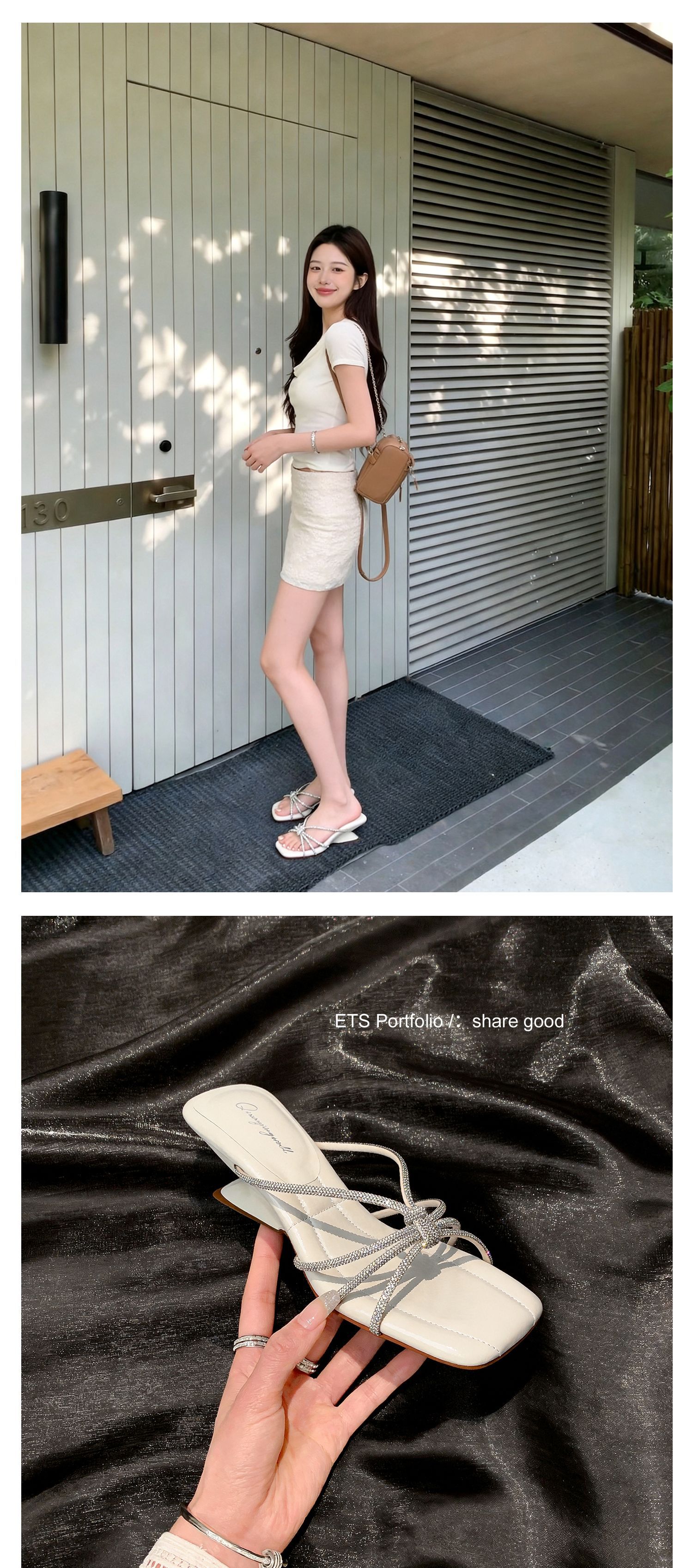 Sandal cao gót nữ mũi vuông quai ngang đính đá pha lê gót xuồng 9 cm — màu đen, màu trắng ngà, màu nude chi tiết 27