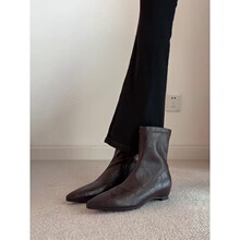 羊皮版~尖头简约内增高短靴复古瘦瘦靴女气质侧拉链显瘦弹力靴子