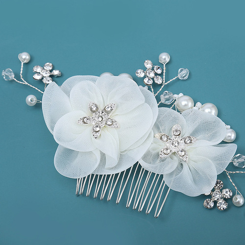 Pearl crystal comb bridal Xiuhe headdress rhinestone silk flower chiffon flower headdress antique Hanfu hair accessories wholesale