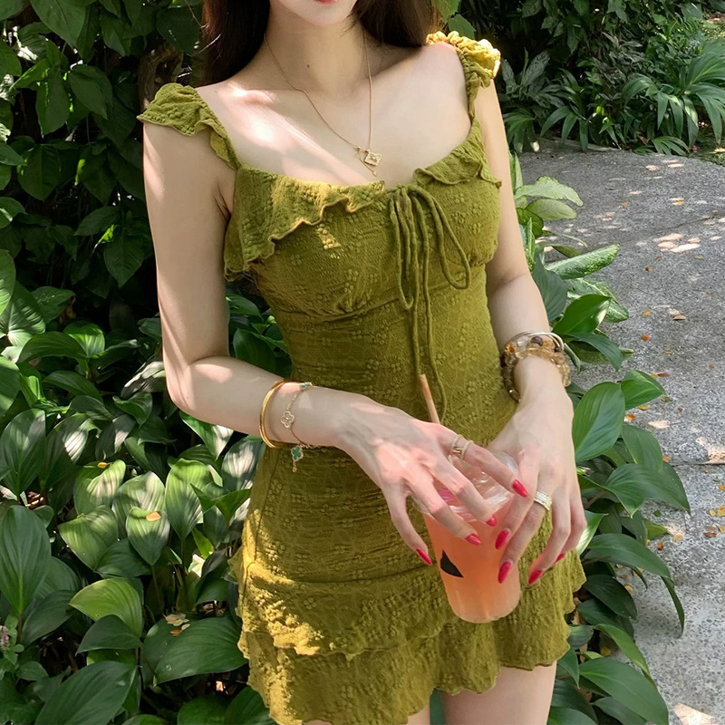 Jinyi Matcha Forest Ruffled Lace Strap Dress with Safety Shorts for Women Spring/Summer A-Line Dress Pure Desire Hot Girl Style Jinyi Matcha Forest Ruffled Lace Strap Dress with Safety Shorts for Women Spring/Summer A-Line Dress Pure Desire Hot Girl Style