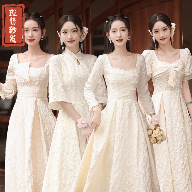 Fairy-Like Bridesmaid Dress 2026 New Style Long-Sleeved Petite Champagne Color Simple Sister Group Daily Wear Best Friend Art Exam Dress Fairy-Like Bridesmaid Dress 2026 New Style Long-Sleeved Petite Champagne Color Simple Sister Group Daily Wear Best Friend Art Exam Dress