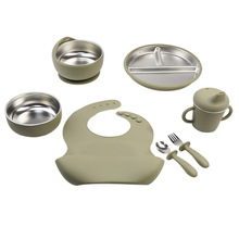 日式宝宝辅食不锈钢餐具学吃饭套装304餐盘叉勺围兜儿童硅胶餐具