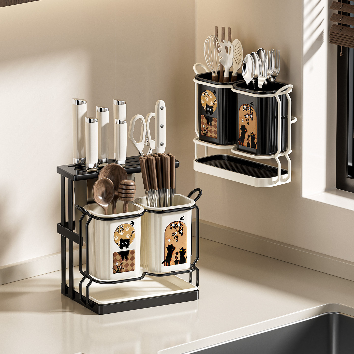 Kitchen Knife Storage Rack Countertop Drain Milky White Single and Double Cup Kitchen Knife Tableware Punch-Free Integrated Rack Chopstick Barrel