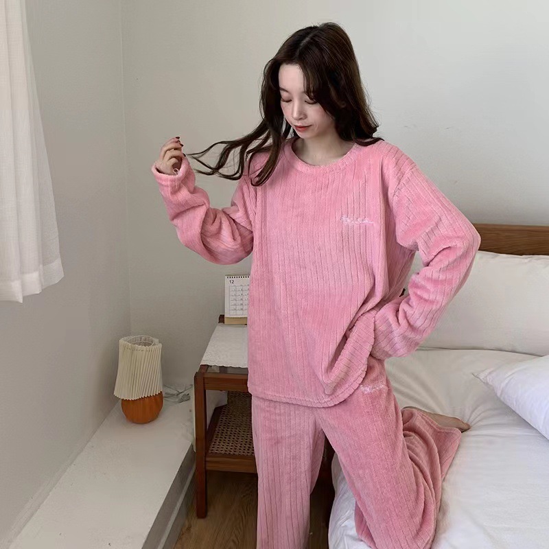 630g Weight Long Sleeve Sleeve Length Pajamas Lingerie Type Pullovers Placket Type Polyester Fabric Type Long Top Length Pants Sets Sets Type 2 Pieces Set Quantity Home Occasion Round Neck Neckline Warm Function Loose Fit Type Stripe, Solid Color Pattern Winter, Autumn Season Women's Gender Casual, Simple Style Style Autumn And Winter New Crescent City Warm Suit Casual Homewear Internet Celebrity Coral Fleece Thick Thermal Pajamas 14