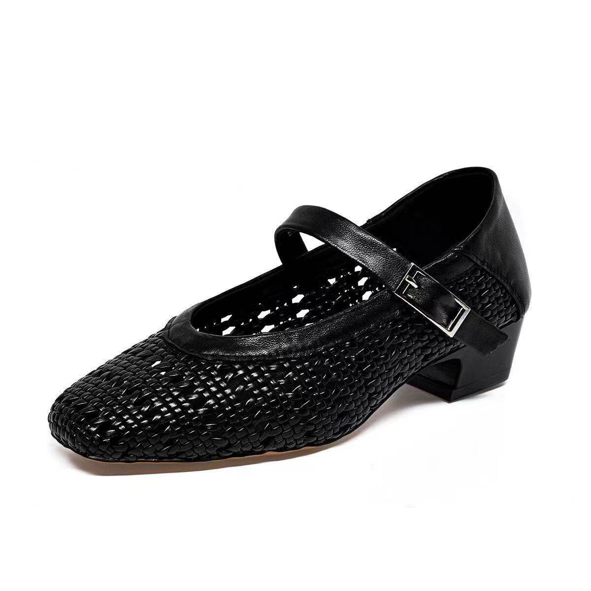 Sandal nữ da thật mũi vuông dệt rỗng gót thô thấp 4 cm — màu be