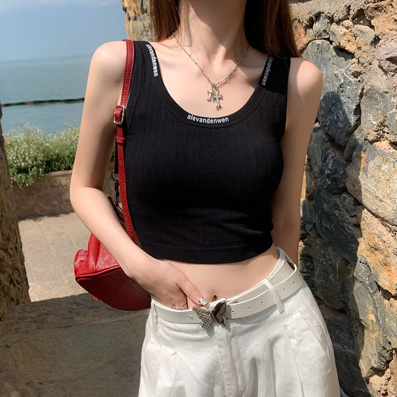 Black Vest Outer Wearing Women's Summer Letters Sports Sling with Chest Pad Inner Short Shirt Inner Top Black Vest Outer Wearing Women's Summer Letters Sports Sling with Chest Pad Inner Short Shirt Inner Top