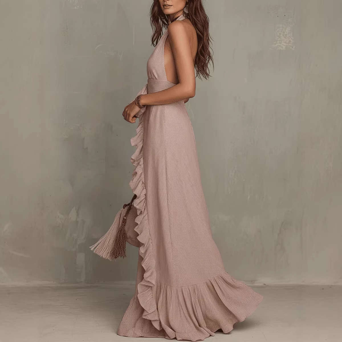 2026 European And American Independent Site Cross-Border Vacation Bohemian Striped Ruffe Backess Dress New_ecoleips.com