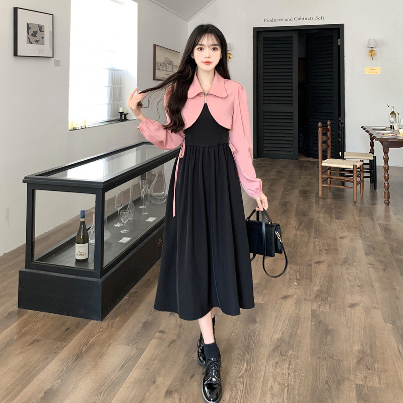 Official Picture Two-Piece Set, Large Size French Dress for Women, Slimming Look Pink Top Jacket + Strappy Long Skirt