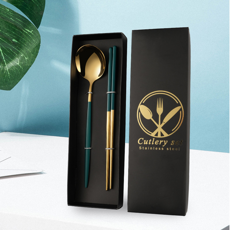 Portugal 304 stainless steel tableware set Net red gold plated spoon chopsticks two-piece Western tableware gift box wholesale