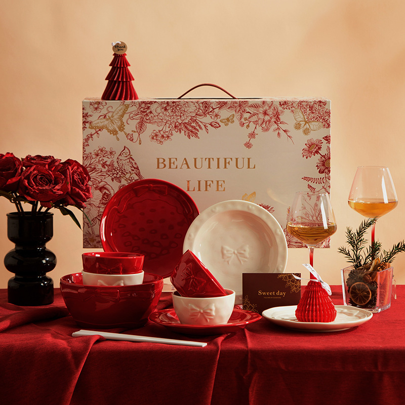 Wedding Festive Ceramic Dishes Set Brocade Box Household Plates Dishes Tableware Combination High-End Souvenir Gifts