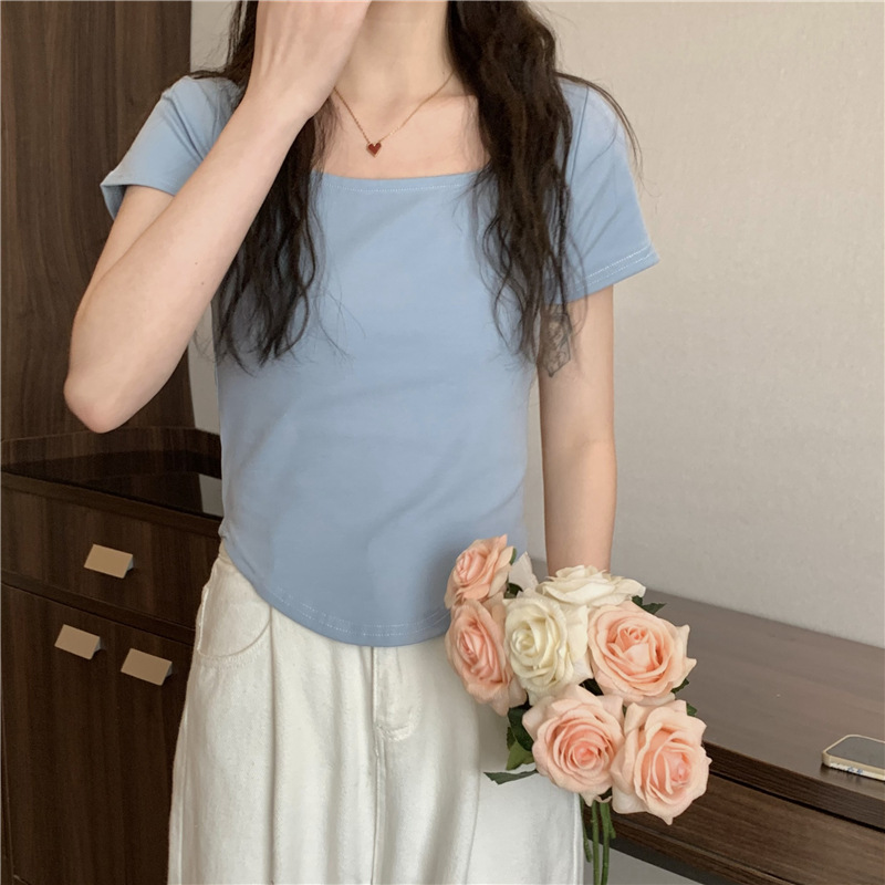 175g Weight Short Sleeve Sleeve Length Polyester Fabric Type Short Top Length T-shirt Tops Type Casual, Daily Occasion Square Neck Neckline Slim Fit Type Solid Color Pattern Spring, Autumn Season Women's Gender Casual, Simple Style Style Wholesale Women's Casual Simple Style Solid Color Short Sleeve T-Shirts 9