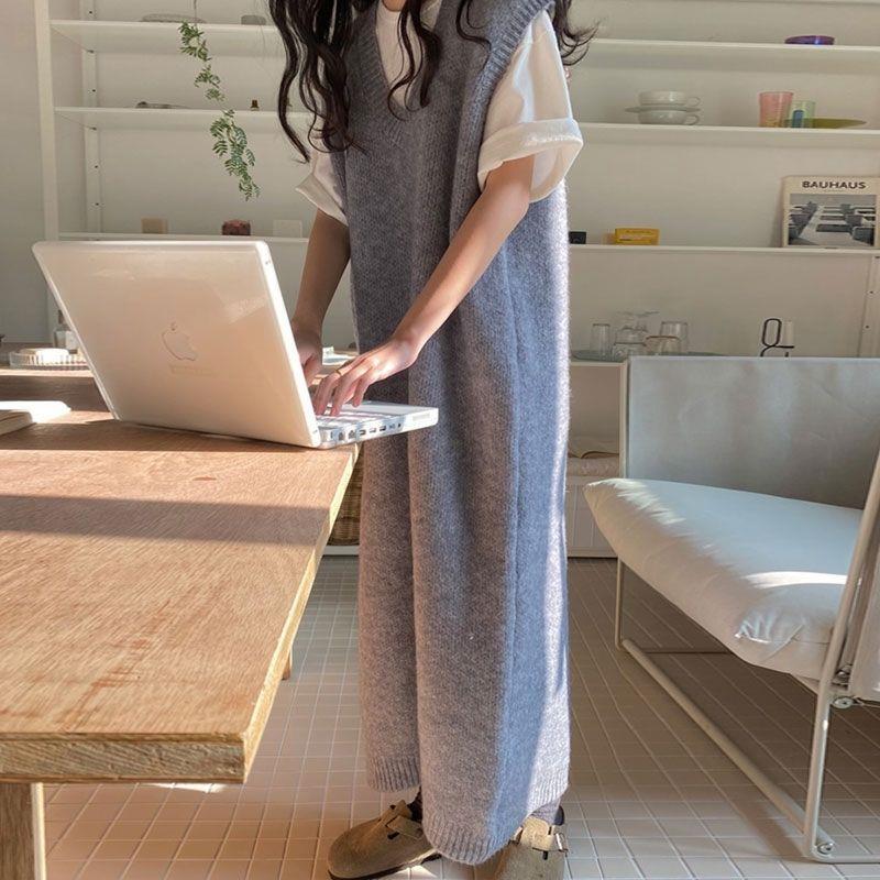 Autumn Korean Chic Simple Pure Color Extra Long Large Version V Neck Knitted Vest Dress Vest Dress Sweater for Women