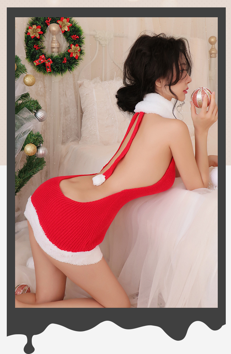 Christmas Elk Cosplay Lingerie Set with Red Turtleneck Sweater and White Bodystocking — detail image 4