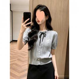 2026年夏季法式甜美风蝴蝶结系带短袖针织开衫女小众镂空刺绣上衣