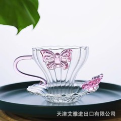 ハンドル付きガラス製小さなティーカップ、女性用ティーカップ、ストライプのカンフーティーカップ、コースター付きソーサーティーカップ、コーヒーカップ、斗笠カップ