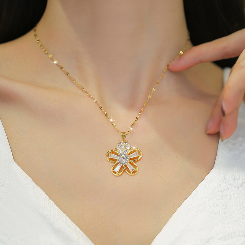 Sweet Flower Stainless Steel Copper Inlay Artificial Gemstones Pendant Necklace 1 Piece