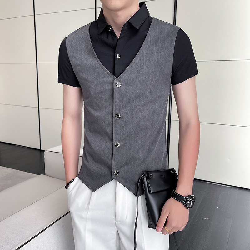 2025 New Summer Men's Fake Two-Piece Vest Short-Sleeved Shirt Slim Hair Stylist Shirt Work Clothes Trendy