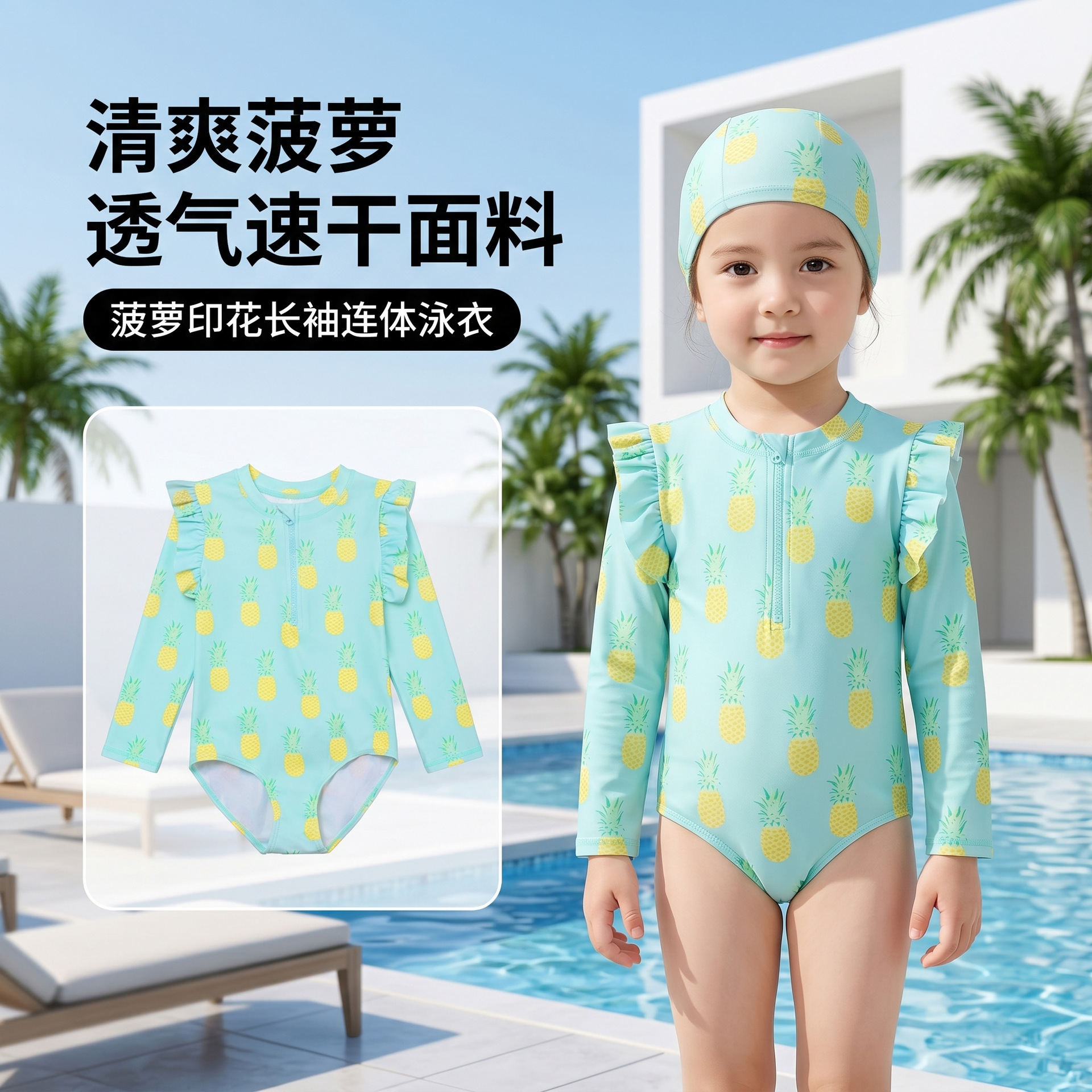 Children's Swimwear Cross-border Girls' Fresh Small and Medium-sized Children's Baby Swimwear Girls' Long-sleeved One-piece Swimwear Cross-border