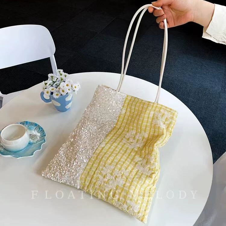 韓国の春夏ガールズイエローとブルーのチェック柄とスパンコール刺繍ショルダーハンドバッグカラーブロックFloatiMelodフローティングムーン|undefined