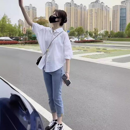 Women's thin sleeve white shirt sunscreen jacket 2025 summer loose slim fit collared shirt casual top