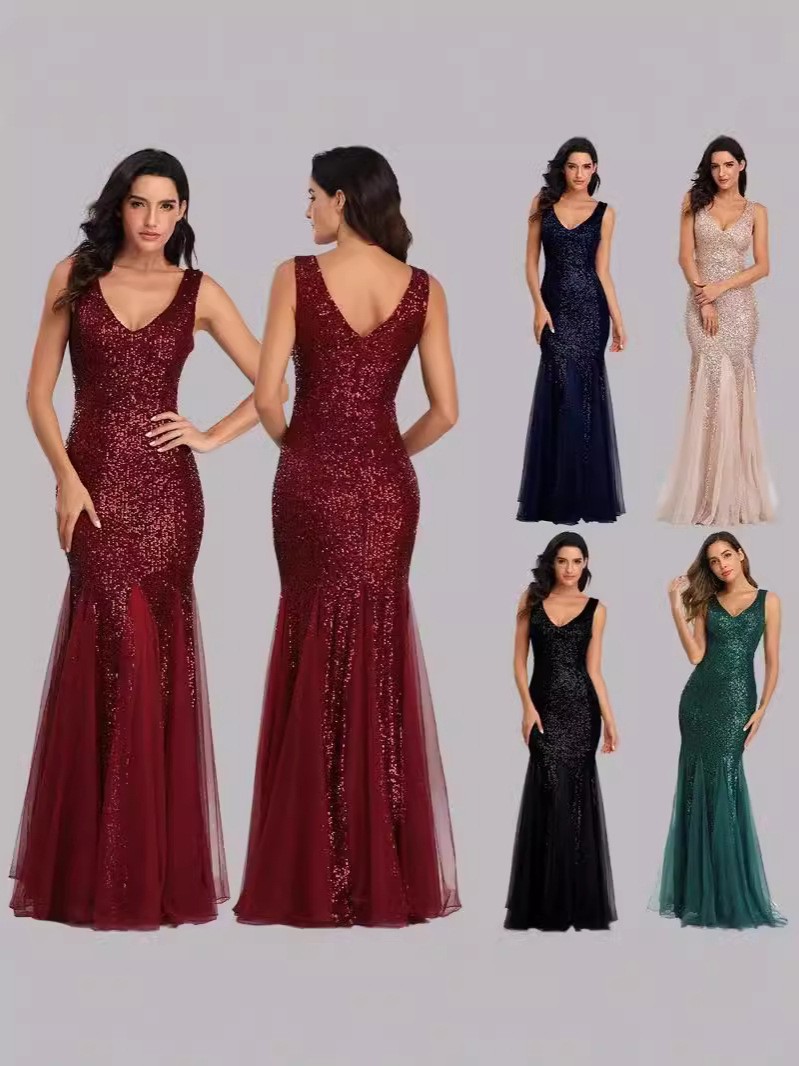 Vestido de noche con lentejuelas estilo europeo y americano, vestido de sirena rojo ajustado para novias (4 colores)