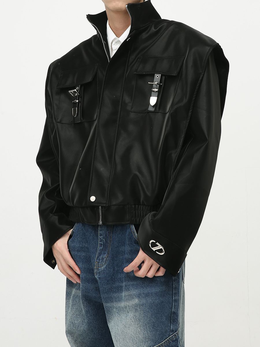 Mtlclothes ropa de Hombre | 2023 Otoño e Invierno nuevo retro americano metal bloqueo hombro pad cuero abrigo