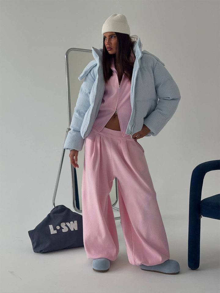 Set áo len cardigan dáng rộng phối quần ống lồng hai dây kéo — màu hồng, màu xám chi tiết 5