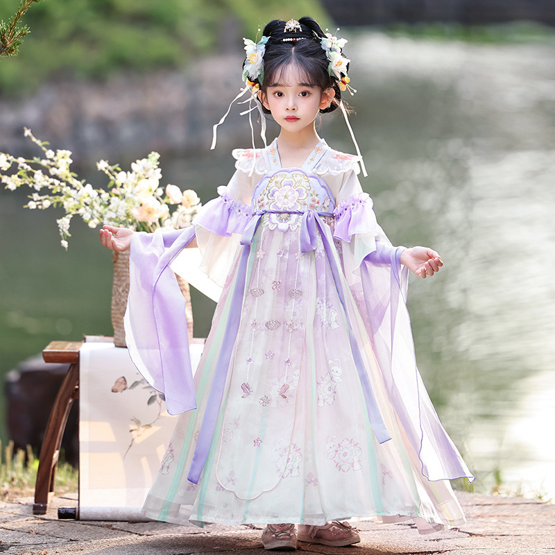 Girls' Hanfu Short-Sleeve Summer Traditional Chinese Style Dress for Little Girls, Princess Tang Suit for Older Children