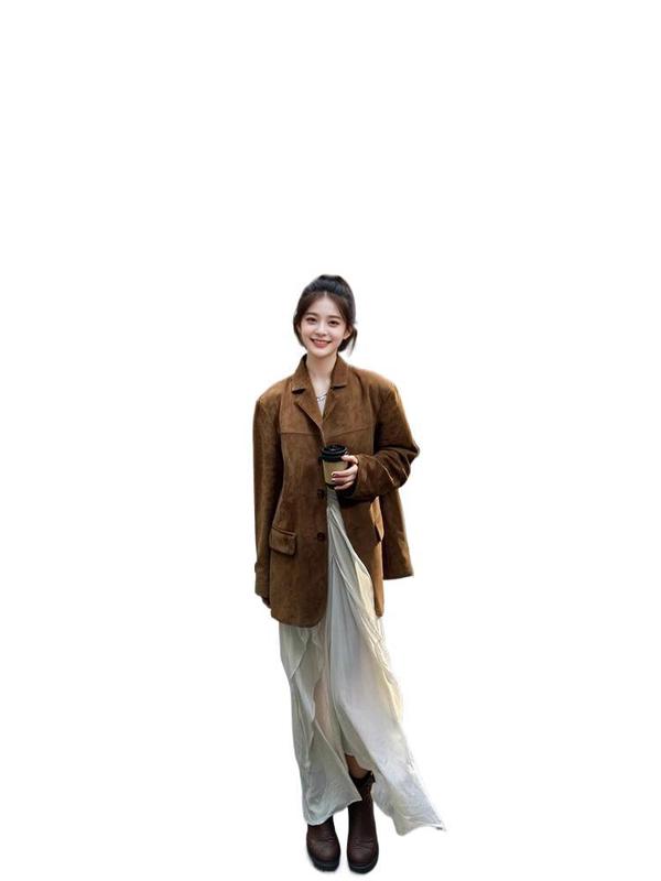 美拉德复古麂皮绒西装外套女春秋季2025新款感小个子棕色皮衣|undefined