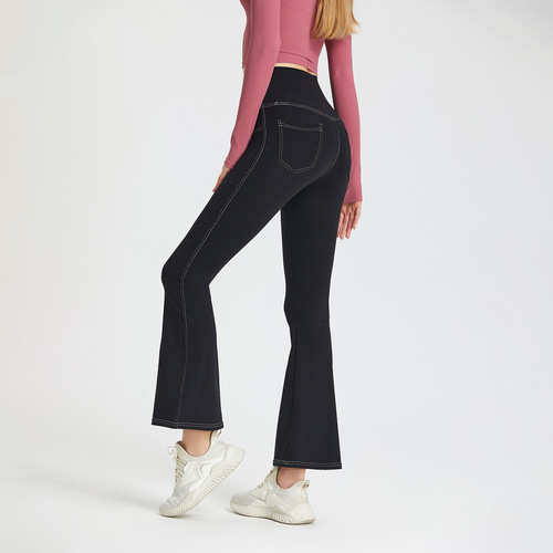 Cross-border European and American naked quick-drying yoga bell-bottom pants for women, high-waisted hip-raising slimming sports pants, fitness casual wide-leg pants
