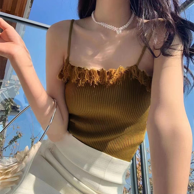 Knitted Camisole Women's 2024 Summer and Autumn New Korean Style Pure Desire Style One-word Collar Tassel Edge Tight Micro-elastic Spice Girl