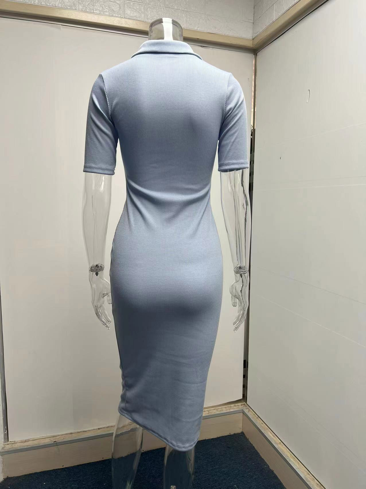 Spring Summer Office Simple Midi Dress Solid Color Breasted Casual Dress for Women