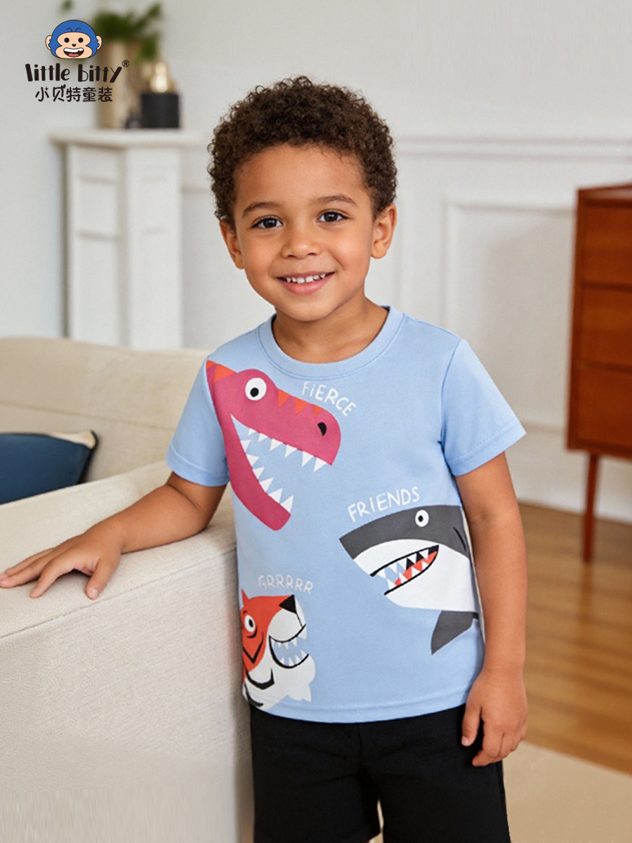 European and American Style Children's Clothing 2026 Spring and Summer New Children's Short-Sleeve T-Shirt with Cartoon Animal Print Round Neck for Boys in Stock