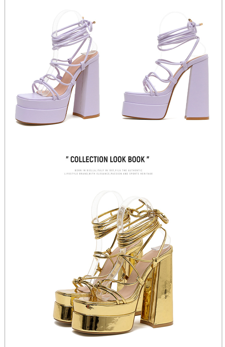 Sandal cao gót La Mã nữ quai dây mảnh, gót 9 cm, phong cách catwalk — Màu tím chi tiết 33