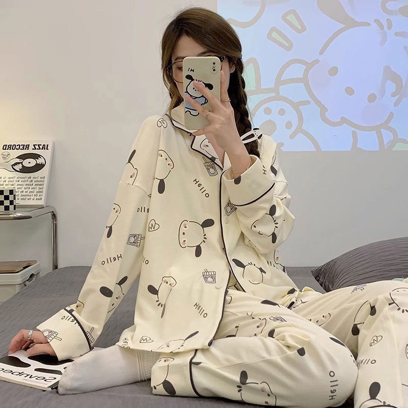 新款纯棉睡衣女秋长袖长裤开衫卡通可爱帕恰狗女款舒适家居服套装|undefined