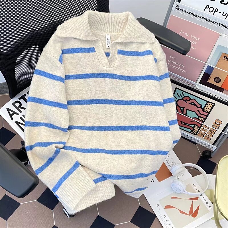 Japanese Striped Contrast Polo Neck Sweater Men's and Women's Commuter Winter Loose Bf Soft Waxy Warm Casual Knitted Sweater