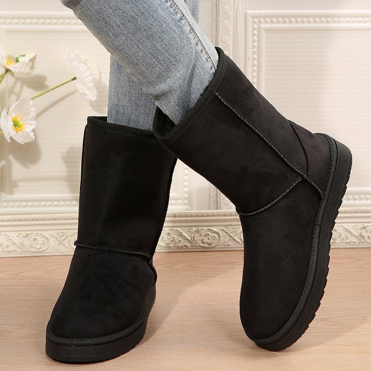 Botas de nieve para mujer, nuevo estilo de otoño e invierno, manga corta de felpa artificial, cabeza redonda, suela plana, parte superior media_voghion.com