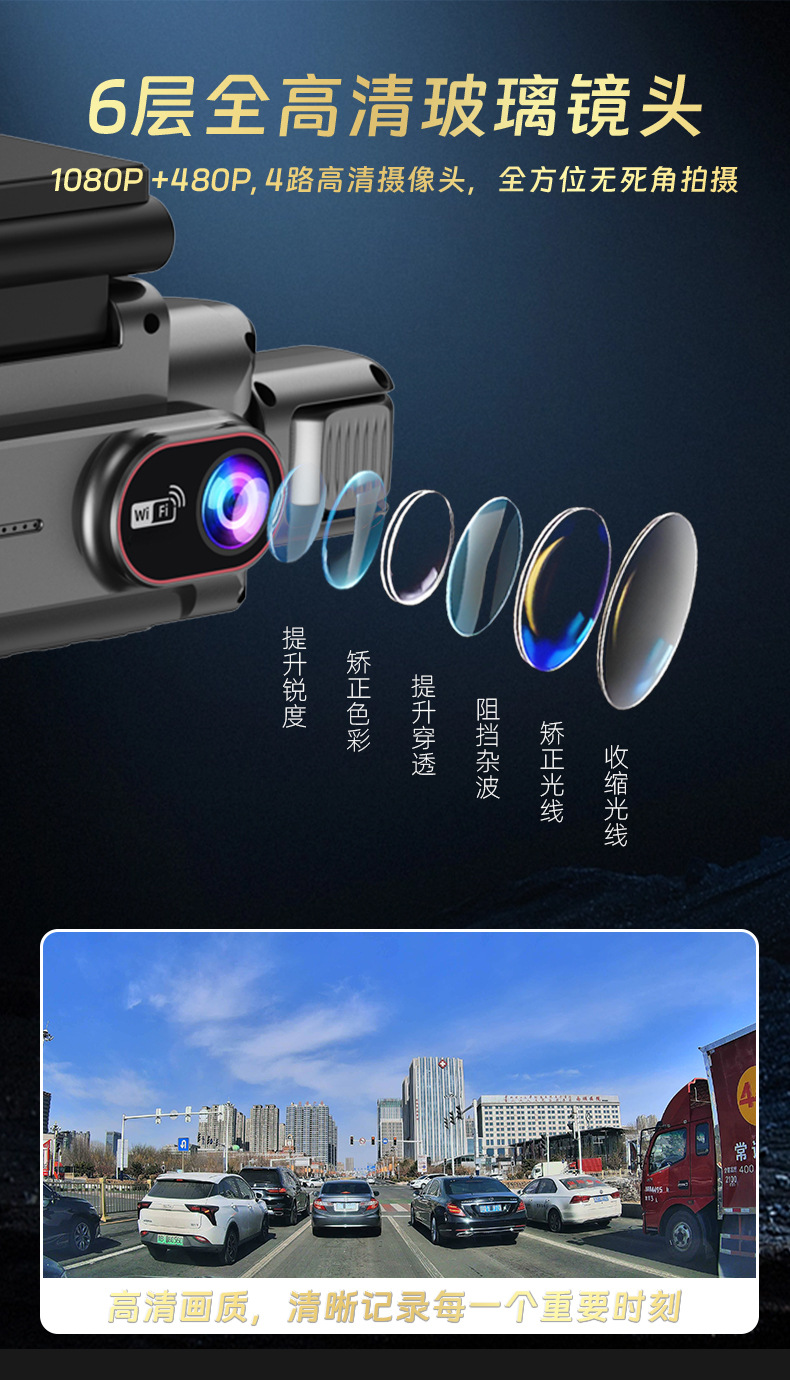 Cross-Border New Model Four-Lens 4-Channel Dash Cam 1080P High-Definition Night Vision Wifi Mobile Phone Connectivity Car Dvr