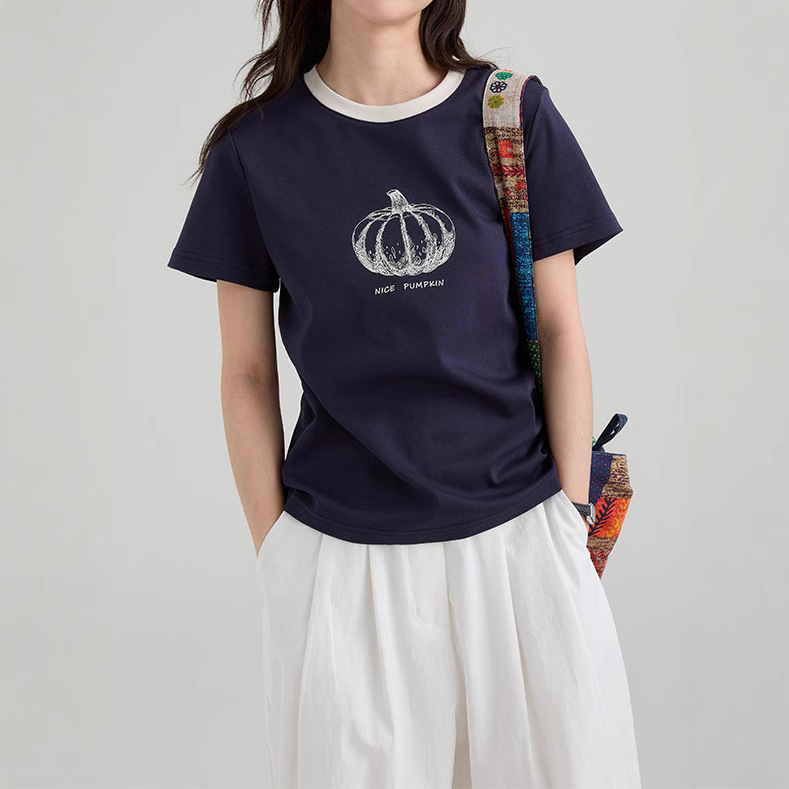 Spring Not Late Pumpkin Printed Contrast Color Round Neck Shoulder T-Shirt Casual Age-Reducing Short-Sleeved Top T-Shirt New Women's Summer