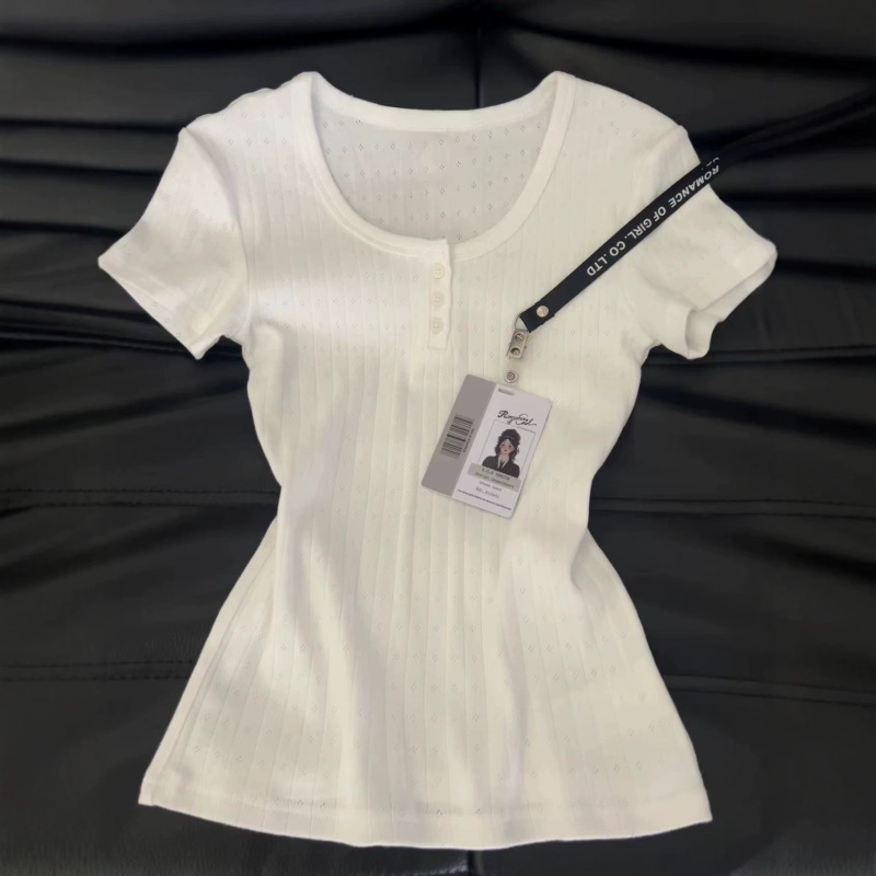 White Korean-Style Bm Button-Down Henley Collar Short-Sleeve Regular Shoulder T-Shirt for Women, New Summer Niche Chic Top